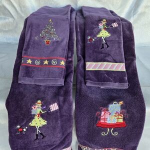 Purple Holiday Embroidered Hand Towels